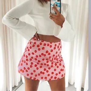Pink and red floral satin skirt